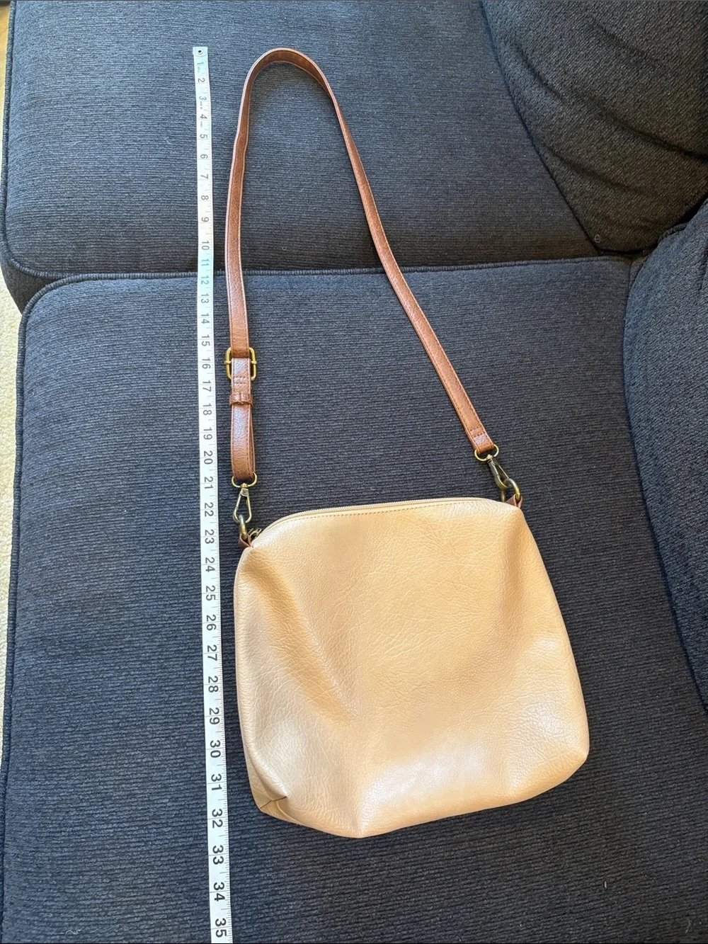 Neutral Beige Pebbled Faux Leather Crossbody with Brown Strap